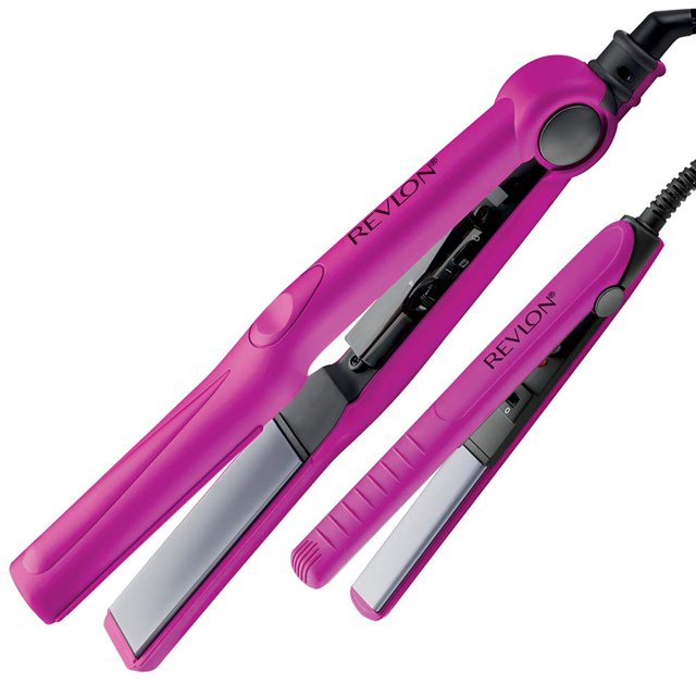 revlon set de planchas de cabello, 1" & 1/2" (2.54 / 1.27 cm) Set rosa con plancha 1 pulgada y mini plancha 1/2 pulgada, placas cerámicas plateadas visibles, control de temperatura y bisagra, cable giratorio; suele usarse como alaciadora de viaje para retoques rápidos.