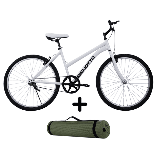 combo bicicleta benotto montaña pmo r26 d 1v con tapete Blanco Benotto: bicicleta de montaña paso bajo en blanco con llantas 26", un solo plato y transmisión 1 velocidad, manubrio recto y asiento blanco; tapete enrollado verde oliva con asa debajo, a menudo usado para estiramientos o ejercicios ligeros junto a la bicicleta.