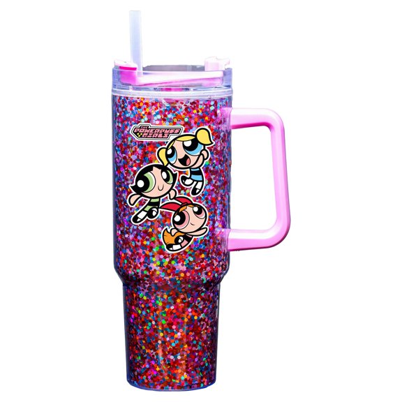 Spoontiques - Taza de viaje de acrílico para niñas superpoderosas de 40 onzas, acrílico de doble pared con tapa deslizante de viaje y pajita, 11 pulgadas de alto
