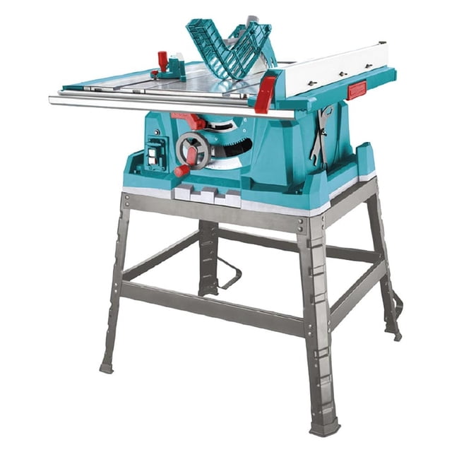 sierra de banco 10” 2600 w, total motor 2600 W y velocidad 4800 r.p.m., vista frontal 3/4 con mesa extensible sobre soporte de acero y base de cuatro patas, manija de ajuste frontal, topes de corte ajustables a 90° y 45°, detalles en turquesa y rojo; ideal para carpintería y proyectos exigentes.