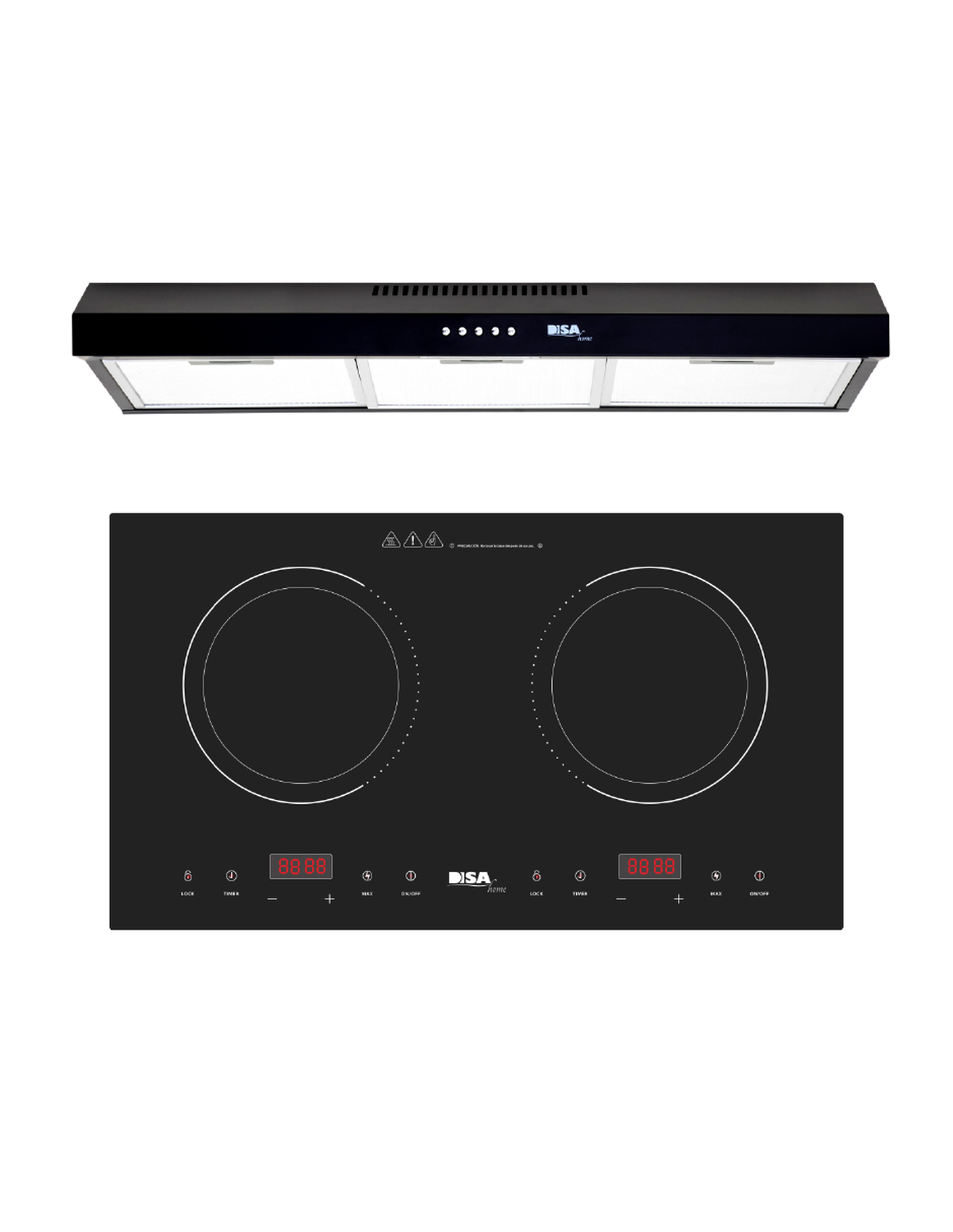 Combo DISA HOME Parrilla Inducción 2 Quemadores Negro Y Campana Extractora de Pared Negro Mate 80 cm