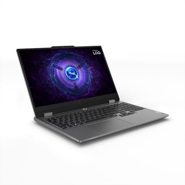 laptop gaming lenovo loq 15.6" fhd intel core i5-12450hx 12gb ddr5 512gb ssd nvidia geforce rtx 3050 6gb Plata, vista 3/4 frontal abierta con pantalla FHD encendida, teclado visible con diseño completo, bisagras metálicas y trackpad centrado. También adecuada para tareas escolares y multimedia.