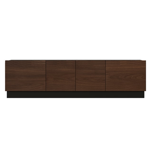hogare centro de entretenimiento para tv dubái, mueble para tv Mueble Dubái color Parota, vista frontal centrada de silueta baja con cuatro puertas lisas y vetas horizontales sobre base negra; apto para TV hasta 90"; líneas limpias, almacenamiento cerrado y uso como mueble multimedia para sala.