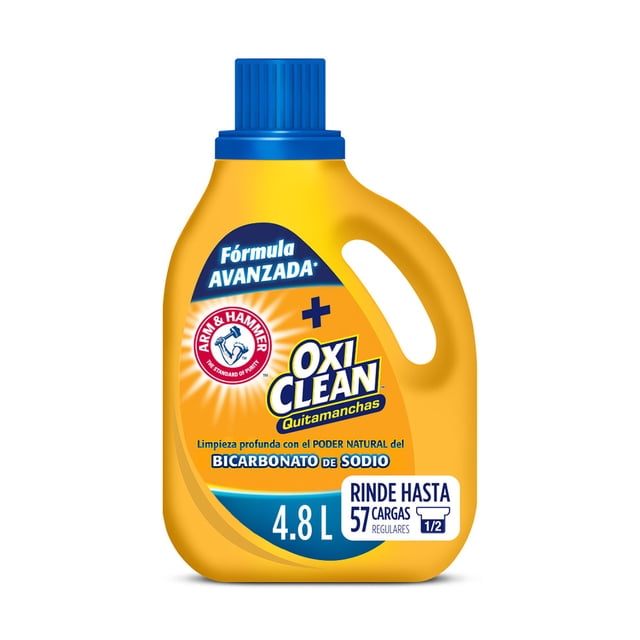 arm & hammer + oxiclean jabón líquido para ropa con quitamanchas 4.8 l botella amarilla frontal con asa y tapa azul; etiqueta con logos Arm & Hammer y OxiClean, texto "Fórmula avanzada" y "Rinde hasta 57 cargas"; detergente líquido de baja espuma, compatible con lavadoras HE y agua fría.