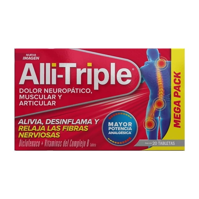 Analgésico Alli-triple Diclofenaco + Vitaminas del Complejo B 20 tabletas