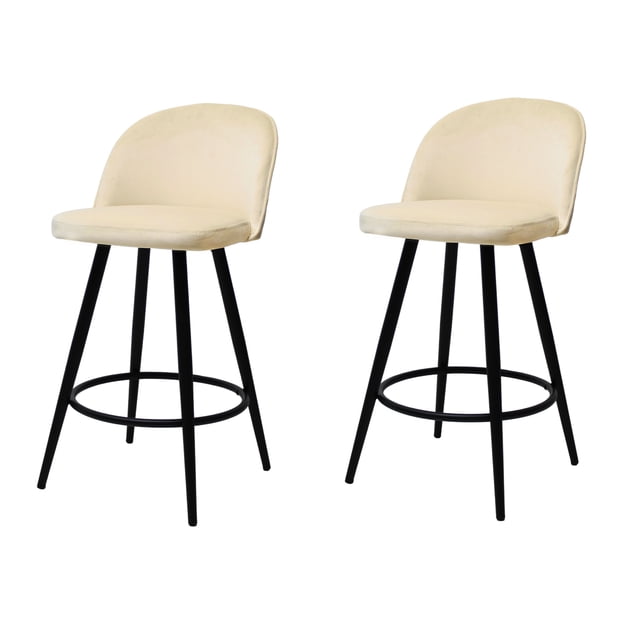 set de 2 bancos periquera avila para barra de cocina o bar, madera y metal crema, par de bancos periquera con asiento y respaldo tapizados en crema, patas metálicas negras cónicas y aro reposapiés circular, vista frontal 3/4 sobre fondo blanco, estilo moderno y minimalista ideal para barra de cocina o bar; también suelen usarse como asientos extra en islas de cocina.