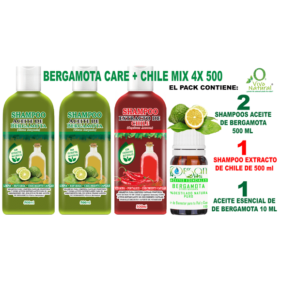 Bergamota Care + Chile Mix 4X 500 VIVONATURAL. 2 Shampoos Aceite de Bergamota 500 ml + Shampoo Extracto de Chile 500 ml + Aceite Esencial de Bergamota 10 ml
