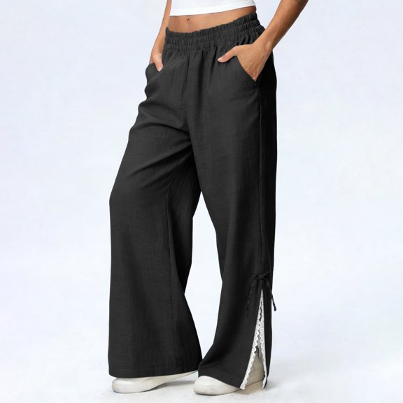 TaTaai olid Color Cotton Linen Women Casual Pants Wide Leg Breathable Machine Washable No Fading Lightweight Non See-through Daily Wear Full Length Trousers Gift