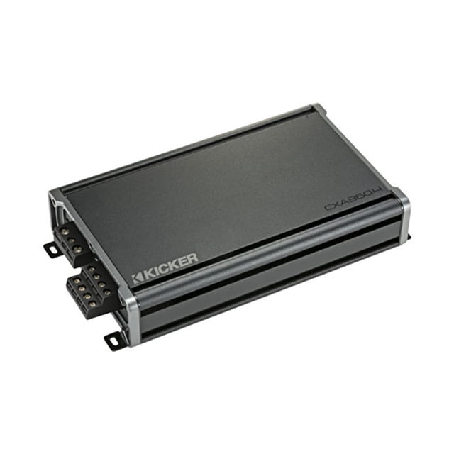 kicker 46cxa3604 cxa3604 - amplificador de rango completo de 4 canales y 4x90 vatios, vista 3/4 del amplificador negro con carcasa de aluminio mate y ribetes plateados, logotipo KICKER en el lateral y terminales de conexión expuestos en el borde izquierdo; suele emplearse en sistemas de audio para autos para alimentar altavoces frontales y traseros.