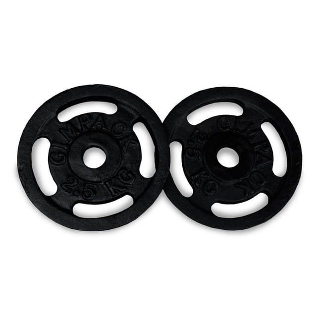 discos para pesas gimpack 2.5 kg, 1 pulgada de diámetro gimpack four-grip — par de discos negros de 2.5 kg cada uno con agujero central de 1 pulgada, cuatro puntos de agarre ranurados, texto en relieve 'GIMPACK' y '2.5 KG', acabado en pintura electrostática sobre hierro; también adecuados para entrenamiento de fuerza con barras cortas o uso como discos sueltos para ejercicios de agarre.