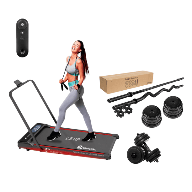 Caminadora Electrica Bluelander, Walking Pad con Asa, 110 V con Kit de Pesas 4 en 1, Set de Mancuernas con 8 Discos y 4 Barras de Distinto Largo, Pesas para Ejercicio con Seguros para Barra