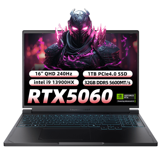 laptop gamer thunderobot rs16 intel core i9 13900hx rtx 5060 16'' qhd 240hz 32gb ram 1tb ssd negro — Vista frontal centrada de la portátil negra Thunderobot RS16 con pantalla abierta 16" QHD 2560×1600 mostrando arte de videojuego; teclado en español con retroiluminación RGB, recorrido de tecla 1.8 mm y teclas de flecha en línea; chasis con biseles delgados y rejillas inferiores visibles; a menudo usada también como estación portátil para edición ligera.