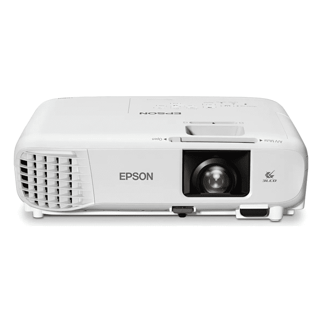 proyector epson powerlite e24 3lcd xga 3600 lumen hdmi vga Proyector blanco, vista frontal centrada con lente a la derecha, rejilla de ventilación a la izquierda y controles en la parte superior; logo Epson visible; 3,600 lúmenes, 3LCD y resolución nativa XGA; conectividad HDMI y VGA; ideal para presentaciones, aulas y salas de juntas.
