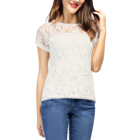 Top de encaje floral transparente con mangas cortas y dobladillo curvo transparente para mujer blanco XS
