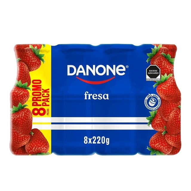 yoghurt bebible danone fresa 8 pzas de 220 g c/u paquete promocional de ocho unidades; envase agrupado con fondo azul y logo Danone en blanco, texto "fresa", banda amarilla lateral que indica "8 promo pack" y fotografías de fresas, leyenda 8x220g visible.