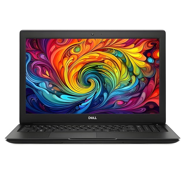 laptop dell latitude 3500 Reacondicionado frontal, portátil empresarial negro Dell Latitude 3500 con pantalla LED de 15.6" (1366 x 768) mostrando un fondo de colores en espiral; teclado completo con teclado numérico, cámara web en bisel superior, gráficos integrados UHD 620 y logo Dell en el marco inferior; suele usarse también para tareas administrativas y viajes de trabajo.