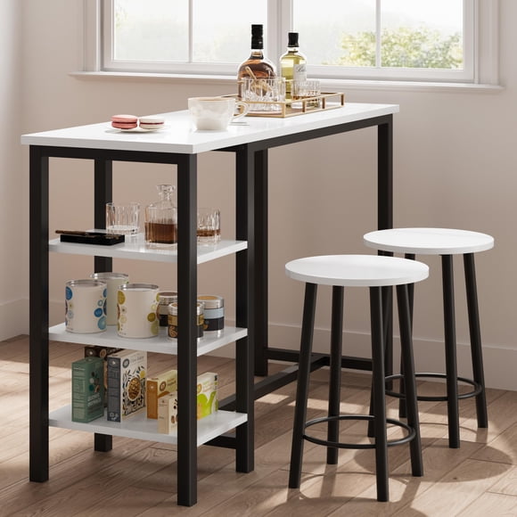 Conjunto de comedor tipo bar 3 piezas para 2 - Mesa alta 47" con 2 taburetes - 3 estantes de almacenaje - Diseño compacto ahorra espacio - Panel negro arena + tubo negro