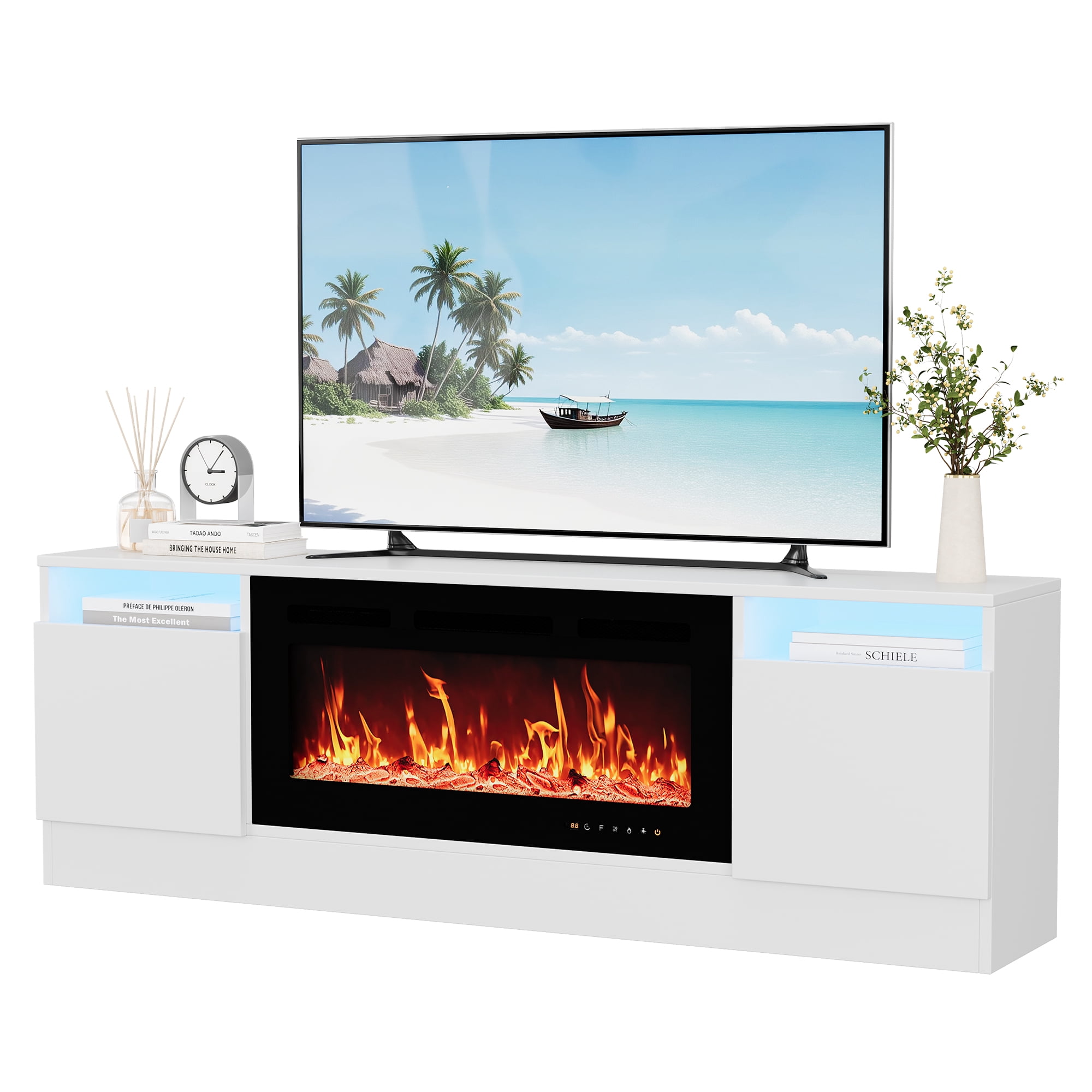 Centro de entretenimiento moderno para TV hasta 75 pulgadas, estantes abiertos gabinetes almacenamiento, compatible chimenea eléctrica 36'', color blanco, ideal sala, medidas 160x40x65 cm