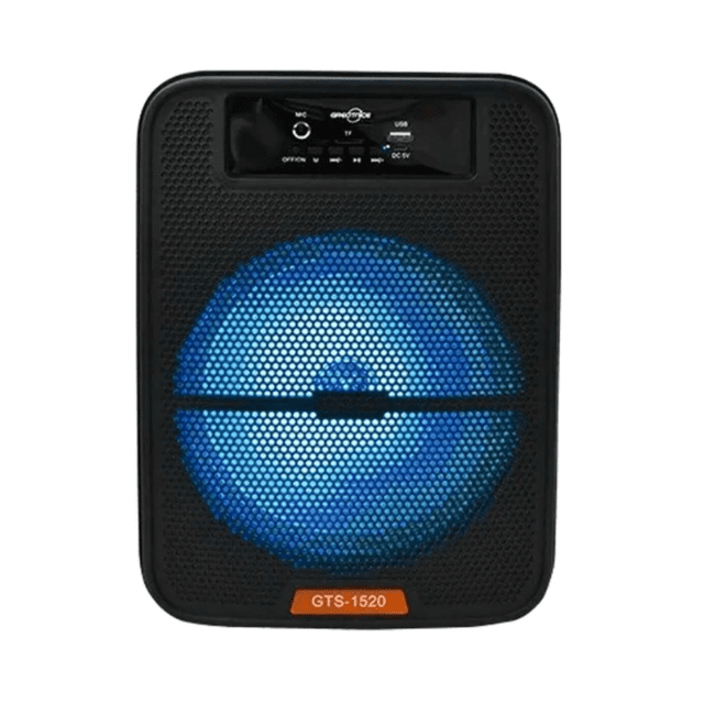 bocina bluetooth 8 pulgadas con luz led negra PRO.TY, vista frontal centrada de bafle vertical con woofer de 8 pulg tras rejilla perforada y anillo LED azul; panel superior con entradas USB y microSD, entrada de micrófono 6.3 mm, botones físicos y puerto micro‑USB; etiqueta GTS‑1520. Compatible con Bluetooth, auxiliar y radio FM; a menudo usada para karaokes o reuniones domésticas.