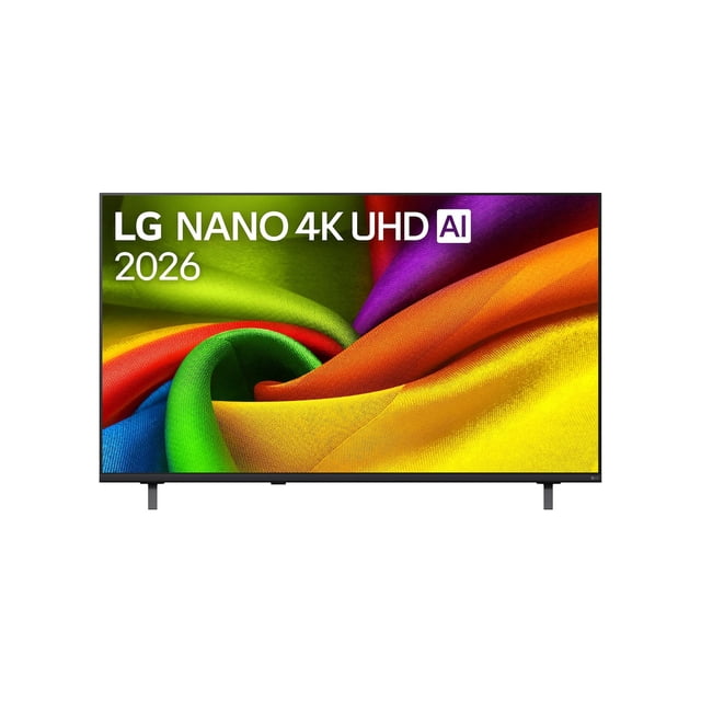pantalla 55 pulgadas lg nano 4k uhd ai nu855 smart tv webos 2026 frontal centrada, panel plano de 55 pulgadas (55") con bisel delgado y soporte de peana; pantalla muestra textiles en verde, rojo, morado y amarillo y leyenda "LG NANO 4K UHD AI 2026" en la esquina superior izquierda; diseño minimalista para sala, compatible con contenido 4K Ultra HD y HDR10 Pro, a menudo usada también para gaming en consola por su tamaño y nivel de detalle.