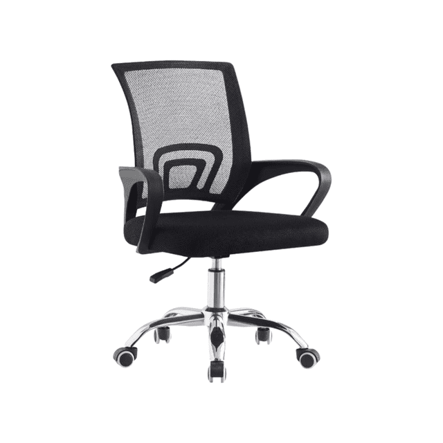 silla de escritorio ejecutiva para oficina con respaldo tela de malla negro olu olu olumesh/ejecutiva mesh/ergonomica Silla ejecutiva negra con respaldo de malla transpirable y asiento tapizado, apoyabrazos fijos, base metálica cromada con ruedas; altura ajustable 89–96 cm, asiento 44 x 44 cm, ancho total 55 cm y carga máxima 110 kg. Adecuada para oficina o home office y a menudo usada en estaciones de trabajo compactas.