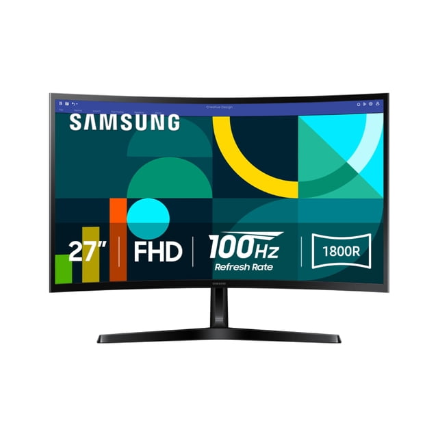 samsung 27 essential s3 (s36gd) series fhd 1800r curved computer monitor, 100hz, game mode, advanced eye comfort, hdmi and d-sub ports, ls27d366ganxza, 2024 Vista frontal centrada de monitor curvo Samsung de 27" en color negro con biseles delgados y base en T; pantalla muestra gráficos geométricos y rótulos de FHD, 100Hz y 1800R. Diseño curvo para mayor inmersión y tecnología de confort ocular avanzada; modo de juego para imágenes optimizadas, según especificaciones. También suele usarse como pantalla secundaria para estaciones de trabajo y gaming ligero.