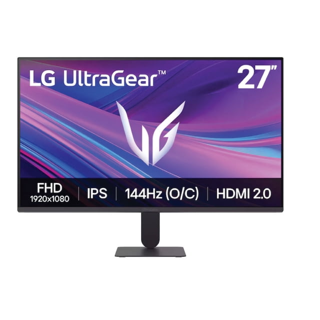 monitor gaming 27 pulgadas lg full hd Negro LG UltraGear 27" vista frontal con bisel ultradelgado y base minimalista; pantalla IPS FHD 1920x1080 mostrada con gráfico morado y logotipo, especificaciones visibles en ficha: 120–144 Hz (O/C), HDR10, sRGB 99 %, compatible con NVIDIA G-SYNC y AMD FreeSync, estabilizador de colores oscuros, punto de mira, inclinación -5° a 20° y opción de montaje en pared; también adecuado para multitarea con modos PBP/PIP y la aplicación LG Switch.