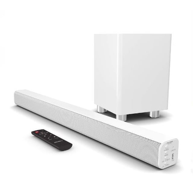 barra de sonido con subwoofer inalámbrico majority 150 w 76 cm bluetooth y hdmi ben nevis ii Barra de sonido blanca de 76 cm con rejilla metálica frontal y subwoofer inalámbrico vertical, panel lateral con controles y puerto USB, control remoto incluido; compatible con Bluetooth y entrada HDMI, potencia 150 W. Su tamaño compacto la hace adecuada para salas pequeñas o montaje bajo TV.