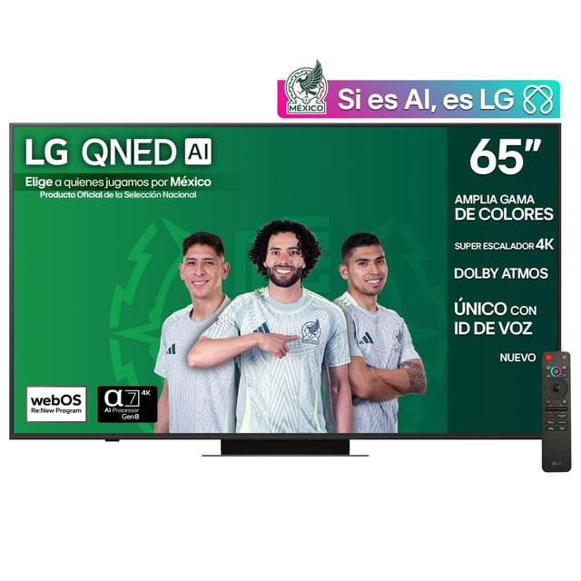 lg pantalla 65 pulgadas qned ai qned83 4k smart tv webos 2025 65qned83asg |sistema operativo webos | Televisor 65" QNED AI frontal con pantalla promocional verde y tres jugadores de fútbol difuminados; marco ultra delgado negro, peana central rectangular y control remoto AI Magic Remote a la derecha; logos webOS, α7 AI 4K Gen8 y Dolby Atmos visibles.