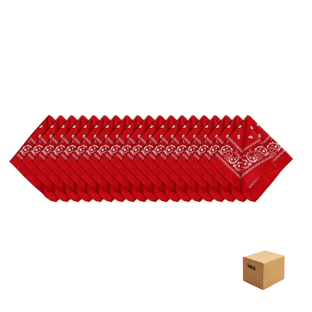 20 paliacates color sólido lab.g, rojo Conjunto de 20 pañuelos rojos 55 x 55 cm estilo bandana con estampado paisley blanco, dispuestos en fila frontal; tela de brillo sedoso visible y borde doblado. Adecuados como pañuelo de cabeza, para el cuello o accesorio para bolso.