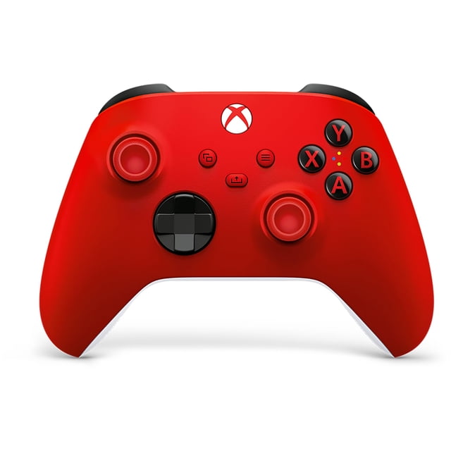 controlador de juegos xbox wireless 2025 pulse red controlador inalámbrico Xbox rojo, vista frontal centrada con silueta ergonómica, joysticks y d-pad híbrido negros, botones A/B/X/Y negros con letras rojas, botón Compartir y botón de menú visibles, agarre texturizado en gatillos y carcasa trasera, compatible con Xbox, Windows, Android, iOS y Smart TV mediante Xbox Wireless y Bluetooth; suele usarse como mando portátil para viajes.