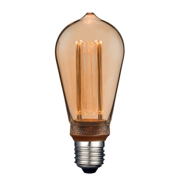 foco vulpecula vintage tecnolite base e27 Bombilla ST64 LED 3.5 W, luz suave cálida, vidrio ámbar y filamentos verticales visibles en vista frontal centrada; casquillo E27 roscado metálico. Ideal para lámparas decorativas y luminarias expuestas, a menudo usada para acentos ambientales.