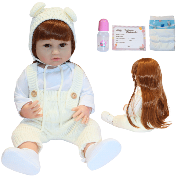 Muñeca Reborn Lucia 55cm | Vinilo Suave Full Body | Overol Beige | Kit Completo