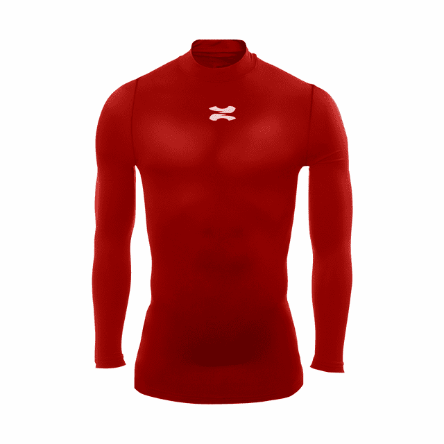 playera deportiva manga larga unisex licra de compresion comoda y fresca rojo M ZAPARI vista frontal centrada; camisa de compresión roja entallada con cuello alto y logo ZAPARI blanco en el pecho, tejido liso y elástico con acabado que indica secado rápido según ficha, mangas largas ajustadas; fondo blanco minimalista, también adecuada como capa base para entrenamiento y ciclismo.
