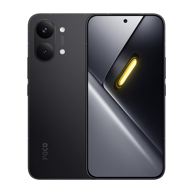 celular xiaomi poco x8 pro max dual sim 5g 512 gb 12 gb negro 8500mah pantalla 1.5k de 6.83" huella dactilar ultrasónica, compatible con esim — Vista frontal y trasera centradas: pantalla AMOLED 6.83" 1.5K 120Hz con orificio de cámara frontal; respaldo negro mate con módulo doble y lente principal 50MP, logotipo POCO en la parte inferior y botón lateral de encendido. También usado frecuentemente como dispositivo secundario para viajes largos por su batería de 8500 mAh.