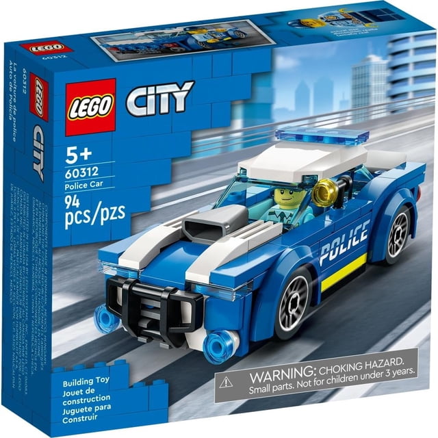 set lego city auto de policía 60312 juguete para armar: coche patrulla azul y blanco en vista 3/4 con paragolpes delantero, luces azules y sirena, minifigura de oficial detrás del volante, dimensiones aprox. 4 cm x 11 cm x 5 cm; recomendado a partir de 5 años; ideal para juego imaginativo y colecciones de ciudad.