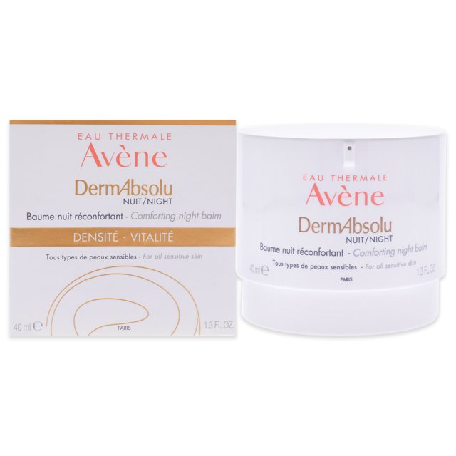 bálsamo de noche reconfortante dermabsolu de avene para unisex - bálsamo de 1,3 oz eau thermale avène avene envase frontal: tarro blanco cilíndrico y caja a la izquierda; texto coral y banda dorada "DENSITÉ · VITALITÉ" visible, indica 1.3 fl oz (40 ml); fondo blanco neutro.