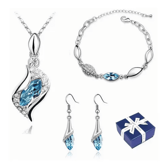 Conjunto De Collar, Aretes Y Brazalete Color Plata con Azul Claro Malubero Malu1693