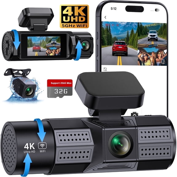 Dash Cam,Froura 4K Dash Cam Frontal y Trasera Interna, Cámara de Auto de 3 Canales con Wi-Fi y Control por App, WDR, Tarjeta de 32GB, Compatible con 256GB Máx., Negro