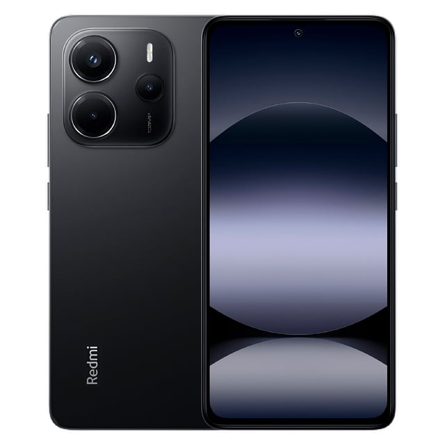 smartphone xiaomi redmi note 14 dual sim 256gb 8ram -black, vista frontal y trasera centrada. Pantalla OLED de 6.67" FHD+ a 120 Hz con cámara frontal de 20 MP en perforación superior; reverso negro Ocaso con módulo de tres lentes y sensor principal 108 MP indicado, acabado mate y logo Redmi. Lector de huellas en pantalla y vidrio Gorilla Glass 5; a menudo usado como dispositivo de creación de contenido móvil por su captura de alto detalle.