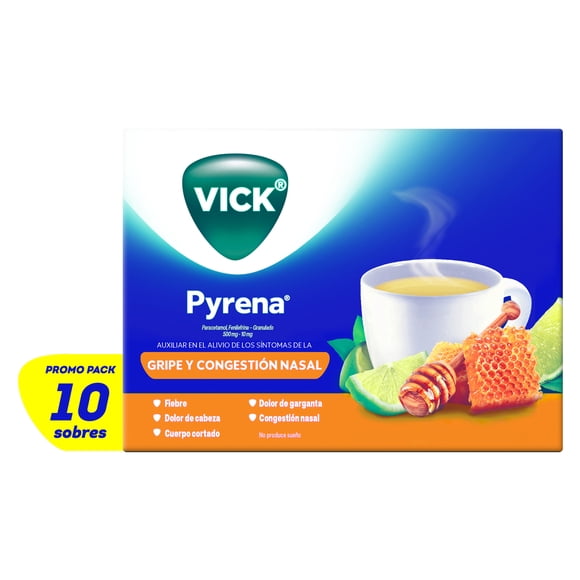 Vick Pyrena Alivio y Confort para los Síntomas de la Gripa 10 Sobres Miel-Limón