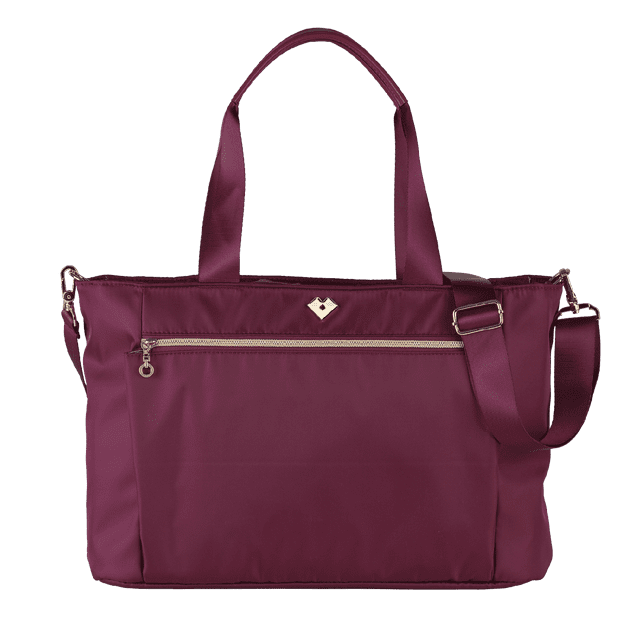 bolsa para laptop mujer luckyly modelo tanya hasta 16 pulgadas cafe unitalla frontal, tote bag crossbody color café con doble asa superior y tirante ajustable y removible; cierre superior, bolsillo frontal con cremallera y detalle metálico, poliéster con acabado repelente a salpicaduras y compartimento acolchonado para laptop 16" (40.6 cm); forma rectangular y fondo plano, adecuada para oficina, viaje o uso diario, a menudo usada también como bolso de mano para transportar tablet y objetos personales.