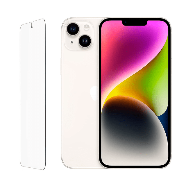 mica protectora de hidrogel tec care para iphone 14 plus hidrogel transparente con recorte para notch; vista frontal centrada del protector sobre pantalla simulada y vista lateral que muestra perfil delgado y línea de instalación visible sobre fondo blanco; suele usarse también para proteger la pantalla durante viajes.