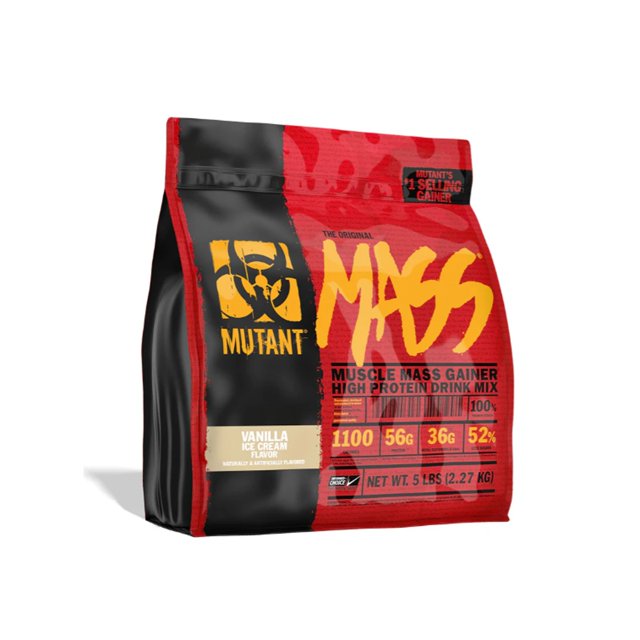 proteína ganador mutant mass 5 libras sabor vainilla en bolsa frontal 3/4 con logo MUTANT y la palabra MASS en amarillo, empaque rojo y negro con panel frontal que muestra datos nutricionales y peso neto 5 lbs (2.27 kg).