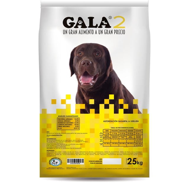 alimento gala 2 de 25 kg bolsa blanca y amarilla de alimento para perros marca Güesos, vista frontal con labrador marrón centrado, gráfico de píxeles amarillos en el panel inferior y etiqueta visible con tabla nutricional; indicada para mantenimiento y sabor a pollo.