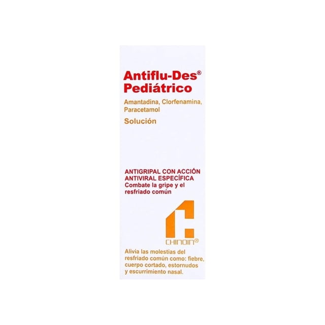 antiflu-des -des solución pediátrica 30 ml frontal de la caja centrada con texto rojo y naranja sobre fondo blanco; muestra nombre del producto, ingredientes listados (Amantadina, Clorfenamina, Paracetamol), la palabra 'Solución', leyenda antigripal y logotipo de la marca Chinoin en la parte inferior.