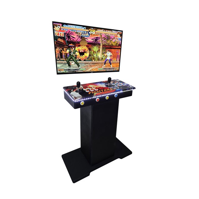 tablero arcade multijuegos con base 3d wifi 40,000 mil juegos, terminado premium, uso rudo — vista frontal de tablero multicolor con dos palancas y filas de botones para dos jugadores, panel impreso con arte de pelea y tiras LED en el perímetro sobre pedestal negro robusto; pantalla elevada muestra un juego de lucha. Según especificaciones: WiFi para descargar juegos, 40,000 juegos, entradas USB, cable HDMI y medidas 28 x 64 x 82 cm. También suele usarse como estación retro para partidas cooperativas en eventos.