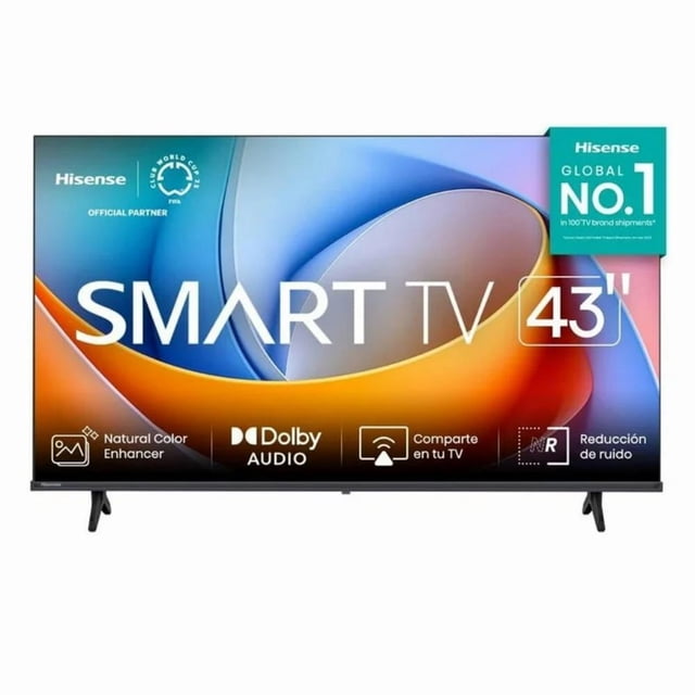 tv 43 pulgadas smart tv full hd 43a45nv hisense, vista frontal de pantalla plana 43" Full HD con bisel delgado y peanas en V; pantalla muestra gráfico colorido que resalta Intensificador de color natural, iconos de Dolby Audio, Compartir en tu TV y Reducción de ruido. Logotipo Hisense en esquina superior.