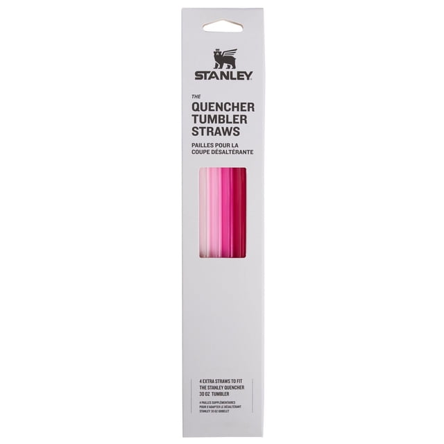 pajitas reutilizables stanley, vasos reutilizables de 30 onzas, paquete de 4 Empaque blanco con ventana que muestra cuatro pajitas lisas en tonos rosa; sin BPA y con longitud para ajustarse a vasos Stanley Quencher de 30 oz, aptas para bebidas frías o calientes y opción de regalo para aficionados a los vasos Stanley.