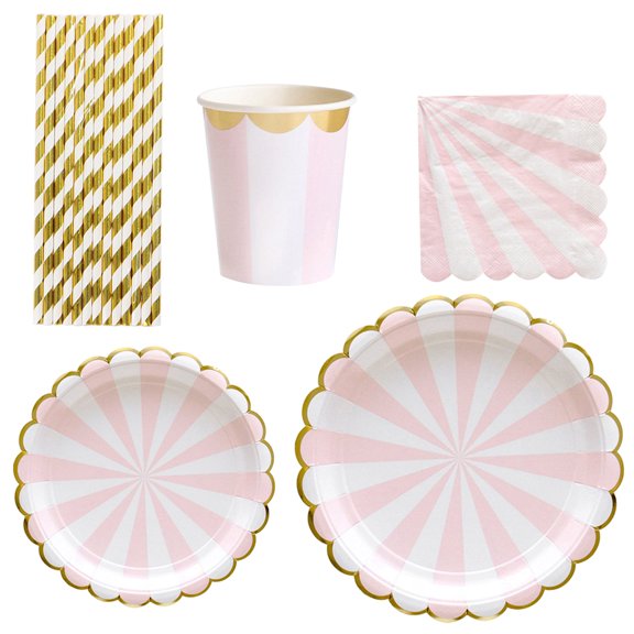 FELTECHELECTR Juego de 69 platos, vasos y pajitas de papel desechables para fiestas (rosa)